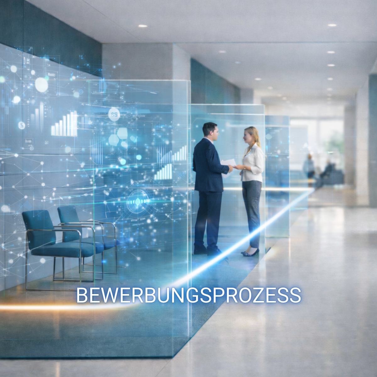 Zwei Personen, die in einen Hologram-Büro sprechen