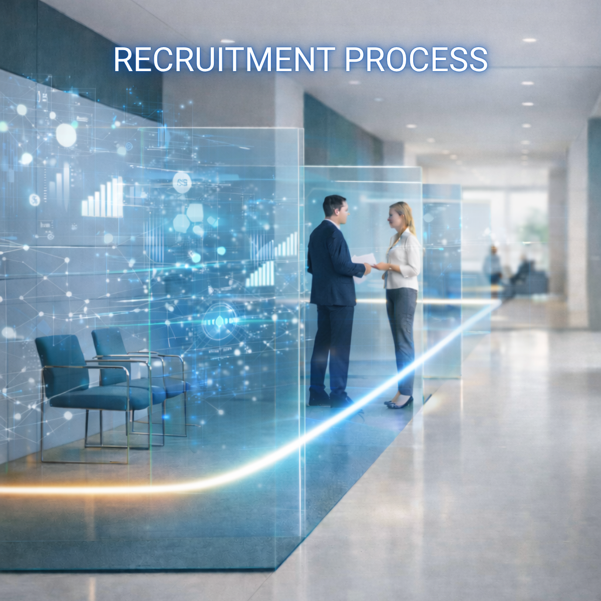 Two people talking in a hologram office